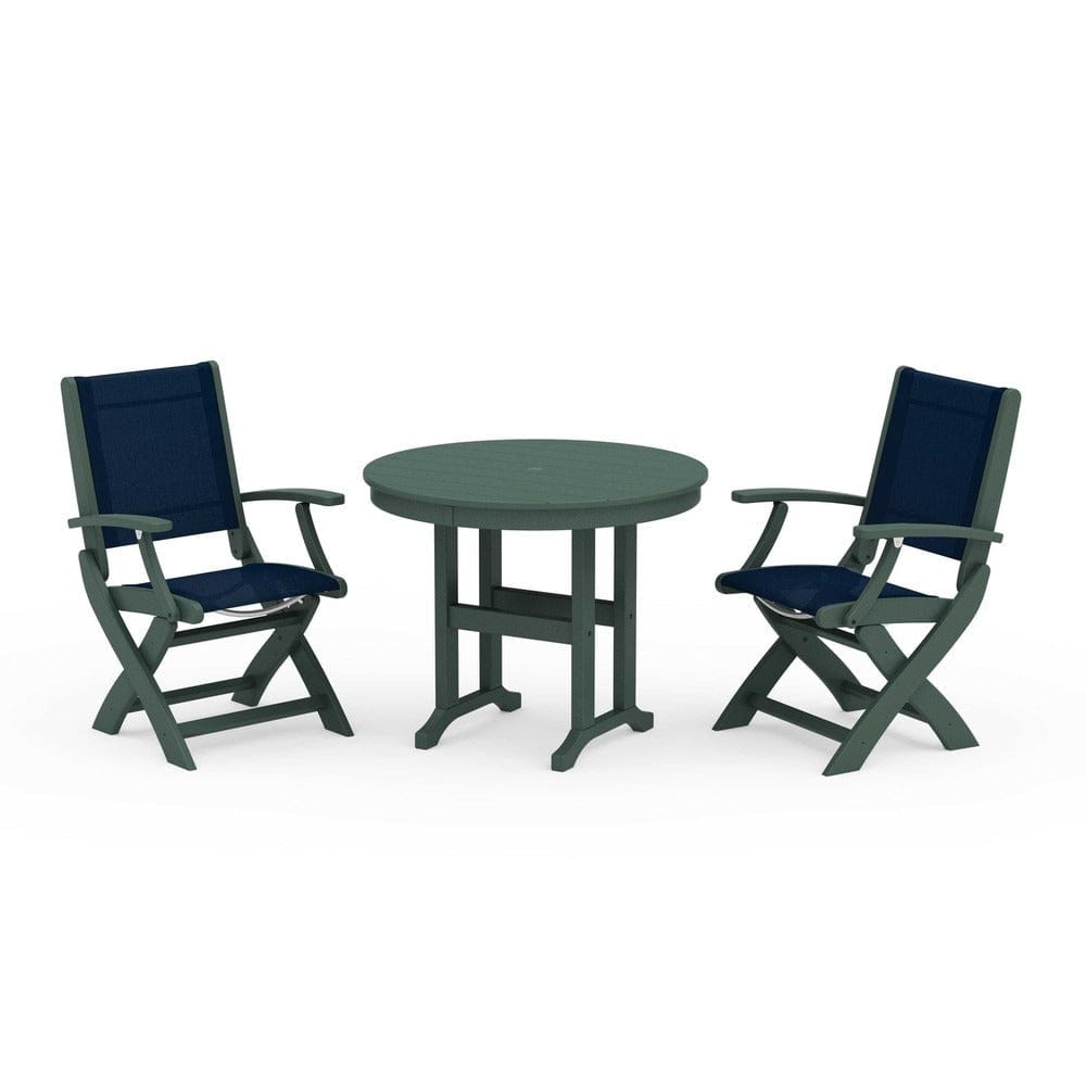 POLYWOOD® Outdoor Furniture Green / Navy Blue Sling POLYWOOD® - Coastal Folding Chair 3-Piece Round Dining Set - PWS1328