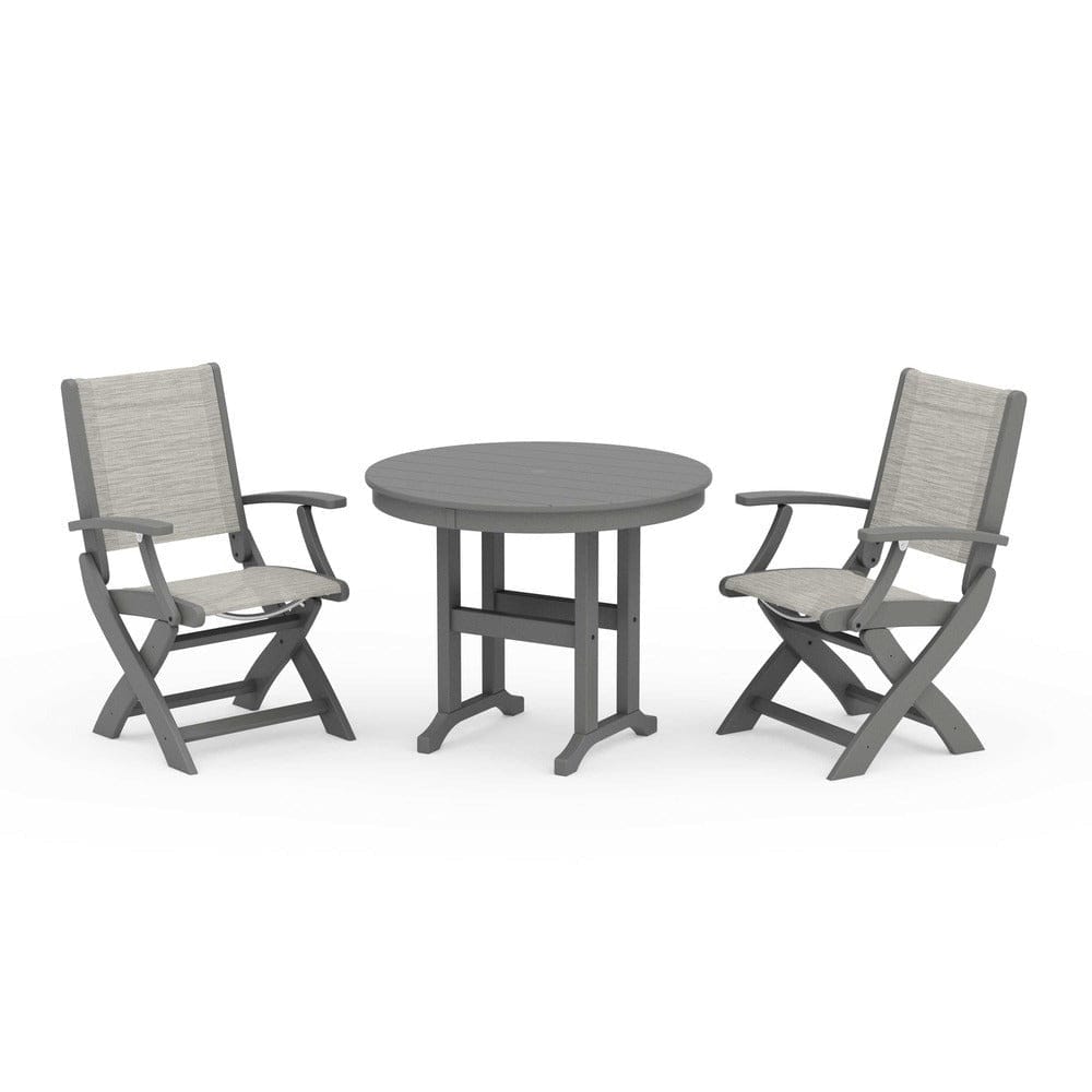 POLYWOOD® Outdoor Furniture Slate Grey / Birch Sling POLYWOOD® - Coastal Folding Chair 3-Piece Round Dining Set - PWS1328