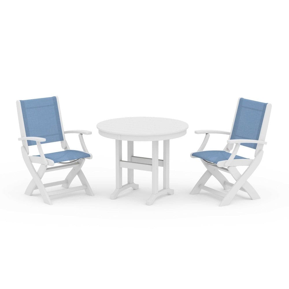 POLYWOOD® Outdoor Furniture White / Poolside Sling POLYWOOD® - Coastal Folding Chair 3-Piece Round Dining Set - PWS1328