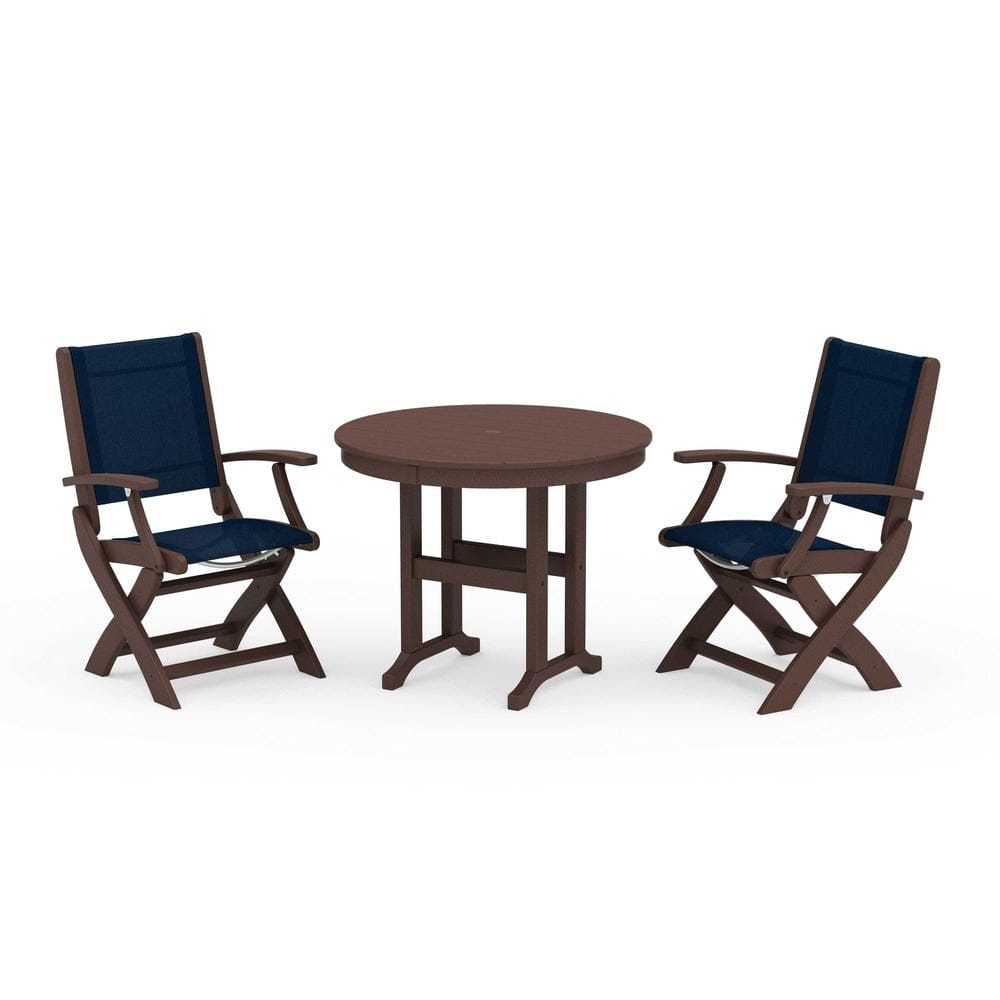 POLYWOOD® Outdoor Furniture Mahogany / Navy Blue Sling POLYWOOD® - Coastal Folding Chair 3-Piece Round Dining Set - PWS1328