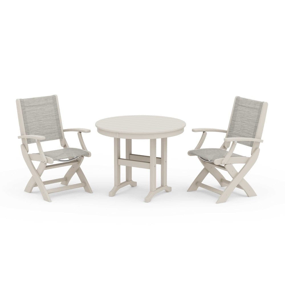POLYWOOD® Outdoor Furniture Sand / Birch Sling POLYWOOD® - Coastal Folding Chair 3-Piece Round Dining Set - PWS1328