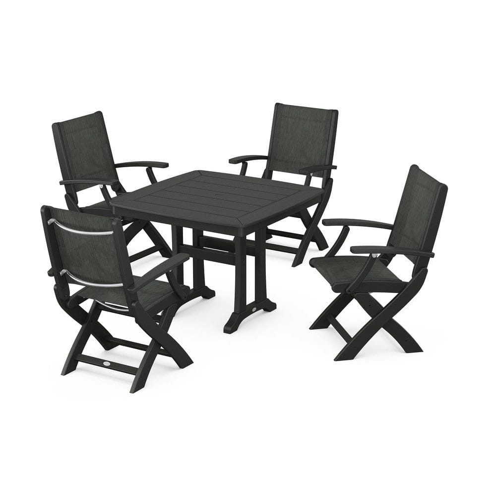 POLYWOOD® Outdoor Furniture Black / Ember Sling POLYWOOD® - Coastal Folding Chair 5-Piece Dining Set with Trestle Legs - PWS967