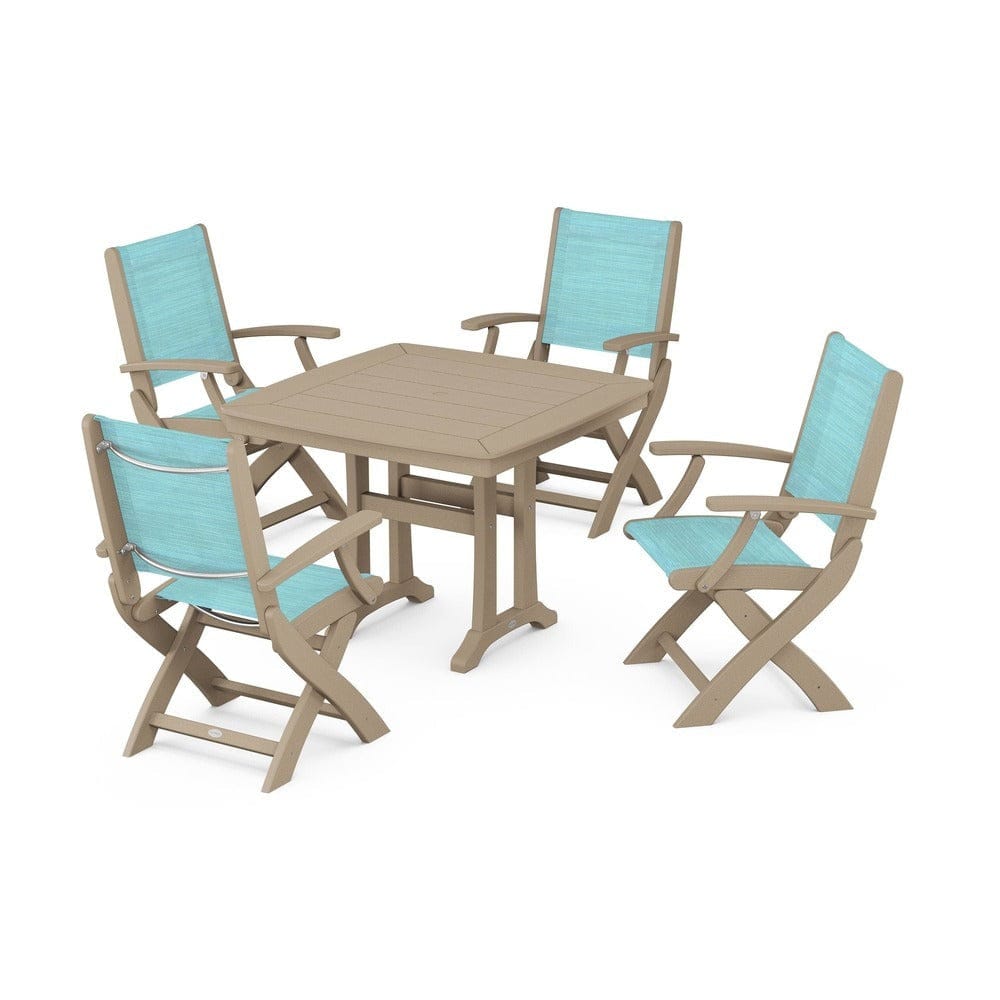 POLYWOOD® Outdoor Furniture POLYWOOD® - Coastal Folding Chair 5-Piece Dining Set with Trestle Legs - PWS967