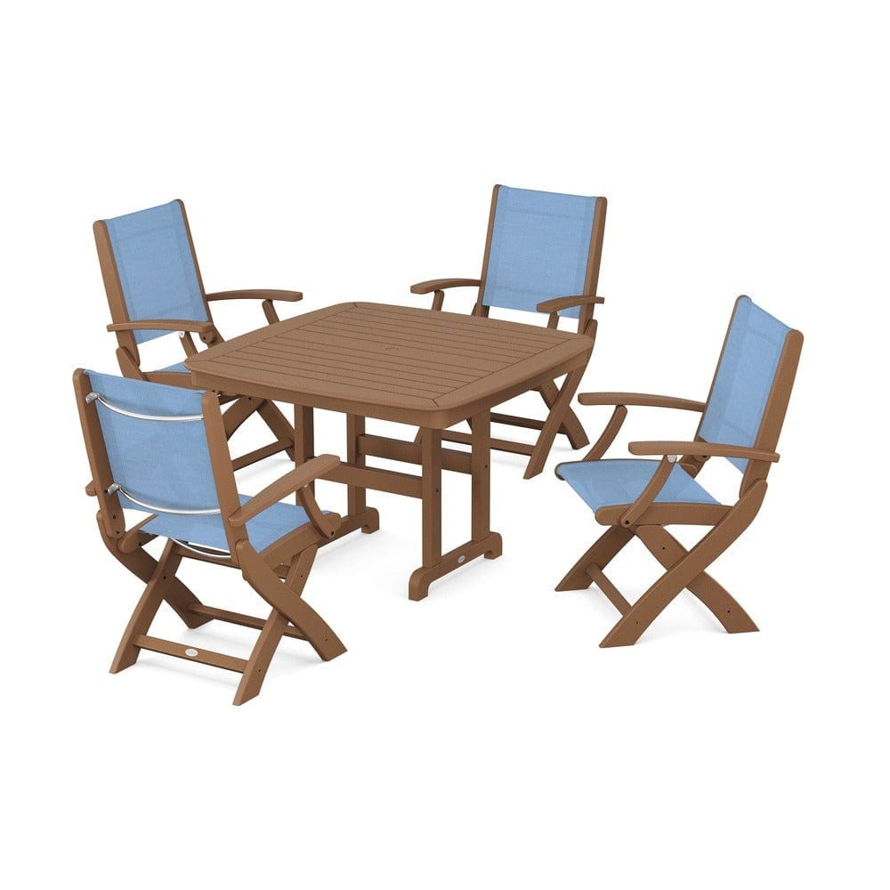 POLYWOOD® Outdoor Furniture Teak / Poolside Sling POLYWOOD® - Coastal Folding Chair 5-Piece Dining Set - PWS915
