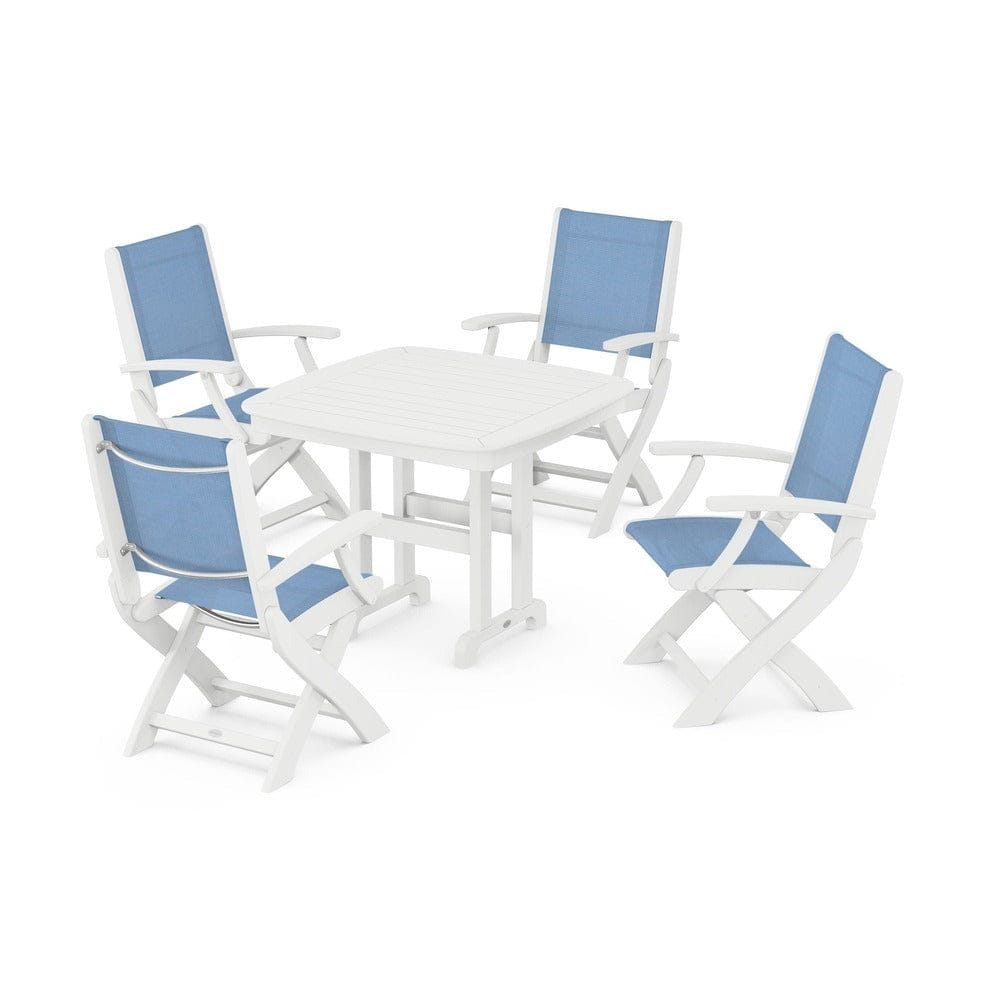 POLYWOOD® Outdoor Furniture White / Poolside Sling POLYWOOD® - Coastal Folding Chair 5-Piece Dining Set - PWS1237