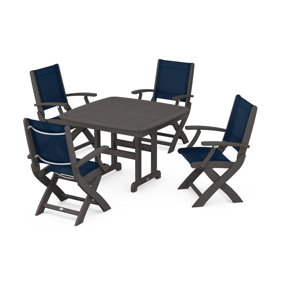 POLYWOOD® Outdoor Furniture Vintage Coffee / Navy Blue Sling POLYWOOD® - Coastal Folding Chair 5-Piece Dining Set - PWS915