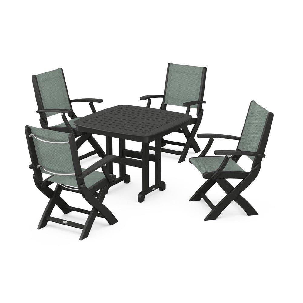 POLYWOOD® Outdoor Furniture Black / Dupioni Sea Mist Sling POLYWOOD® - Coastal Folding Chair 5-Piece Dining Set - PWS1237