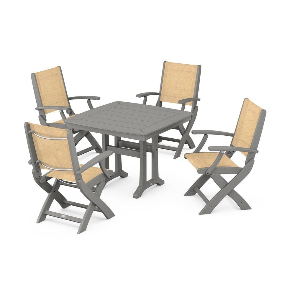 POLYWOOD® Outdoor Furniture Slate Grey / Dupioni Apricot Sling POLYWOOD® - Coastal Folding Chair 5-Piece Dining Set with Trestle Legs - PWS967