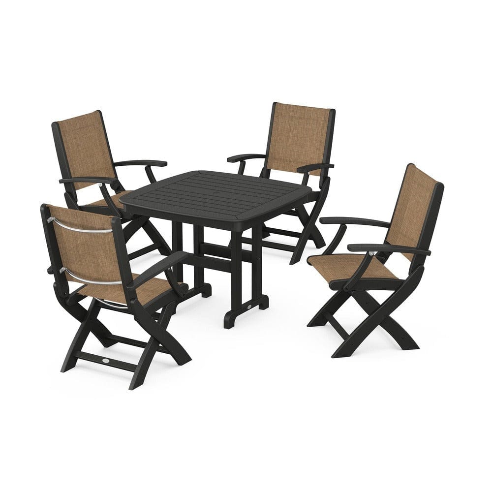 POLYWOOD® Outdoor Furniture Black / Burlap Sling POLYWOOD® - Coastal Folding Chair 5-Piece Dining Set - PWS1237