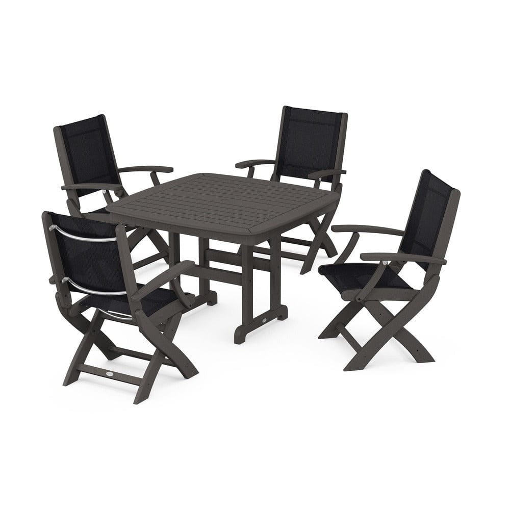 POLYWOOD® Outdoor Furniture Vintage Coffee / Black Sling POLYWOOD® - Coastal Folding Chair 5-Piece Dining Set - PWS915