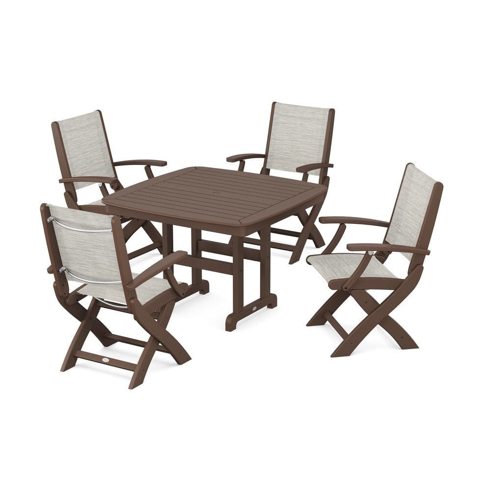 POLYWOOD® Outdoor Furniture Mahogany / Birch Sling POLYWOOD® - Coastal Folding Chair 5-Piece Dining Set - PWS915
