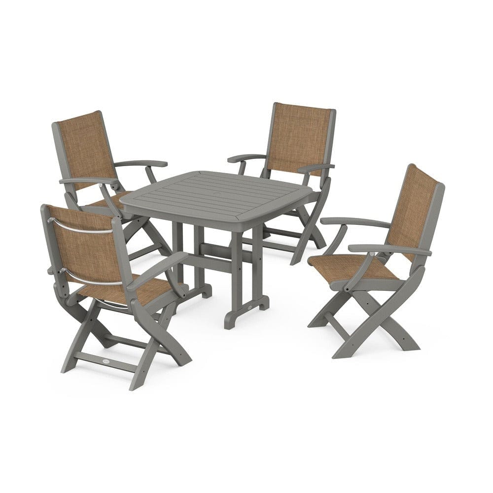 POLYWOOD® Outdoor Furniture Slate Grey / Burlap Sling POLYWOOD® - Coastal Folding Chair 5-Piece Dining Set - PWS1237
