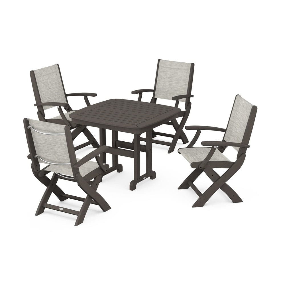 POLYWOOD® Outdoor Furniture Vintage Coffee / Birch Sling POLYWOOD® - Coastal Folding Chair 5-Piece Dining Set - PWS1237