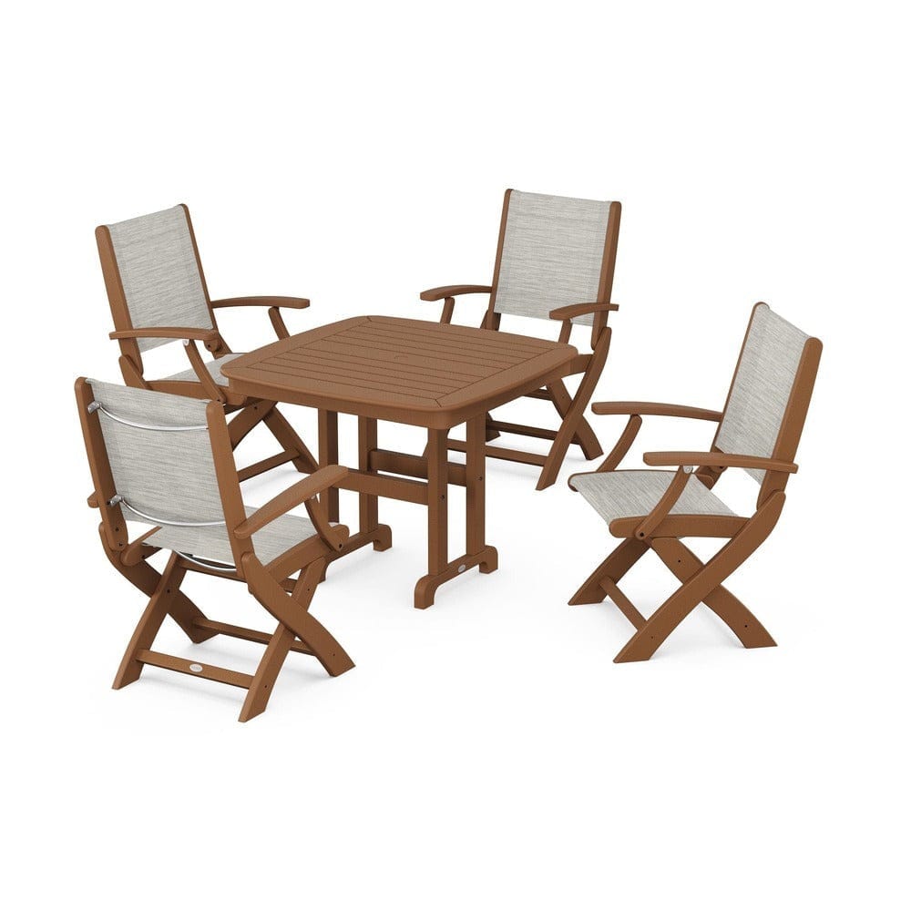 POLYWOOD® Outdoor Furniture Teak / Birch Sling POLYWOOD® - Coastal Folding Chair 5-Piece Dining Set - PWS1237