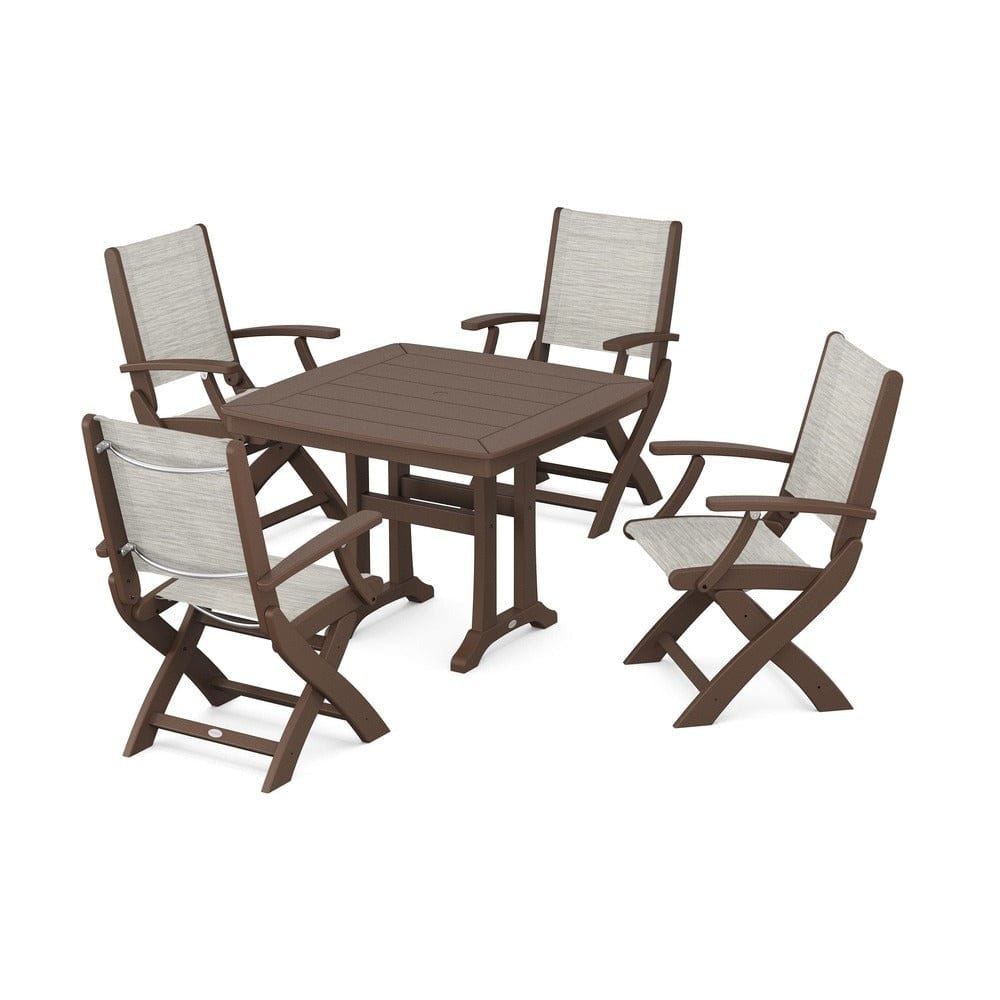 POLYWOOD® Outdoor Furniture Mahogany / Birch Sling POLYWOOD® - Coastal Folding Chair 5-Piece Dining Set with Trestle Legs - PWS967