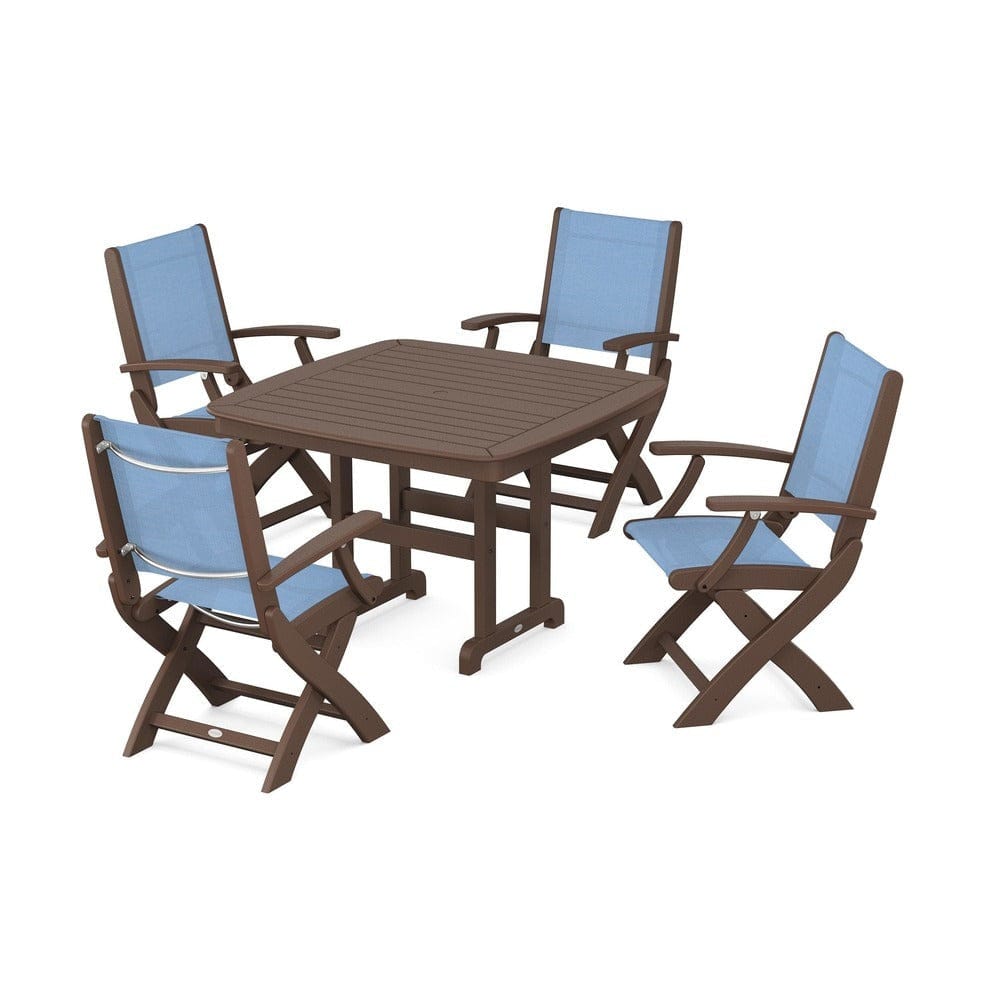 POLYWOOD® Outdoor Furniture Mahogany / Poolside Sling POLYWOOD® - Coastal Folding Chair 5-Piece Dining Set - PWS915
