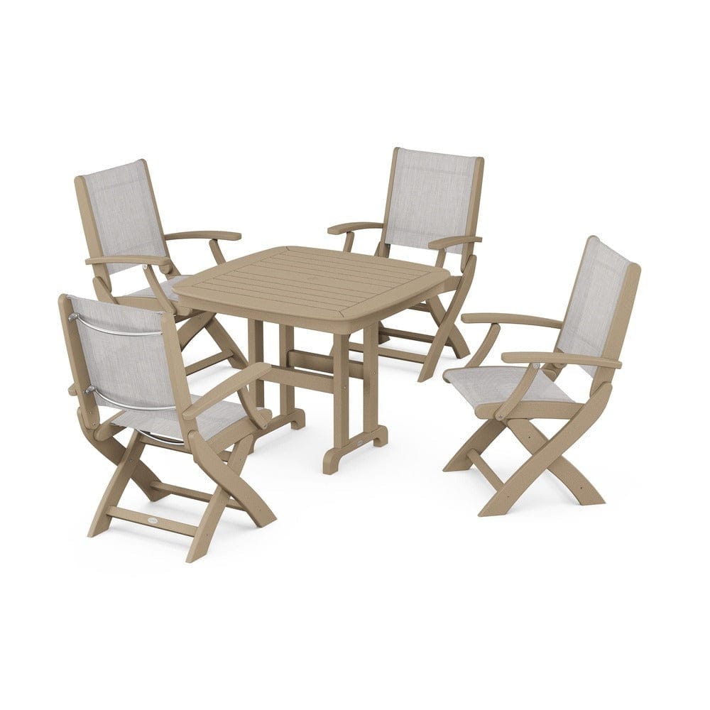 POLYWOOD® Outdoor Furniture Vintage Sahara / Parchment Sling POLYWOOD® - Coastal Folding Chair 5-Piece Dining Set - PWS1237