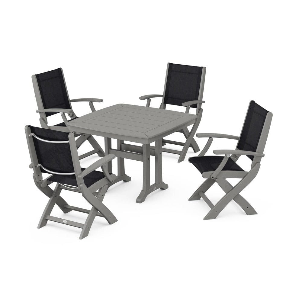 POLYWOOD® Outdoor Furniture Slate Grey / Black Sling POLYWOOD® - Coastal Folding Chair 5-Piece Dining Set with Trestle Legs - PWS967