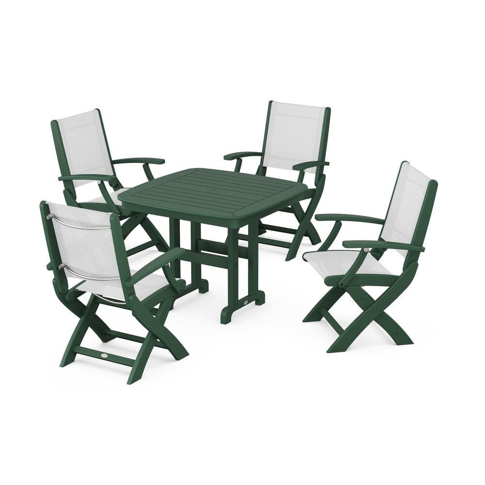 POLYWOOD® Outdoor Furniture Green / White Sling POLYWOOD® - Coastal Folding Chair 5-Piece Dining Set - PWS1237