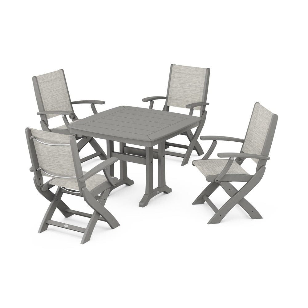 POLYWOOD® Outdoor Furniture Slate Grey / Birch Sling POLYWOOD® - Coastal Folding Chair 5-Piece Dining Set with Trestle Legs - PWS967