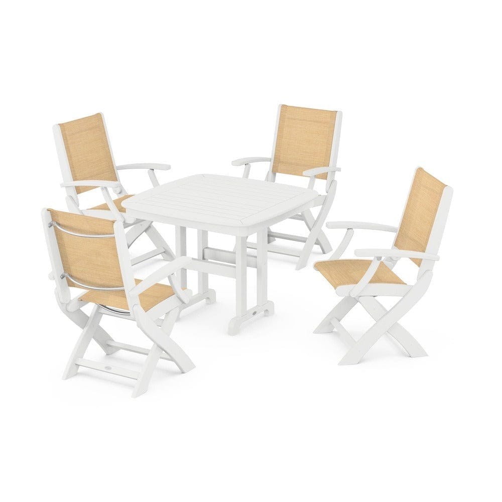 POLYWOOD® Outdoor Furniture White / Dupioni Apricot Sling POLYWOOD® - Coastal Folding Chair 5-Piece Dining Set - PWS1237