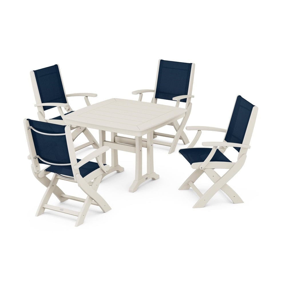 POLYWOOD® Outdoor Furniture Sand / Navy Blue Sling POLYWOOD® - Coastal Folding Chair 5-Piece Dining Set with Trestle Legs - PWS967