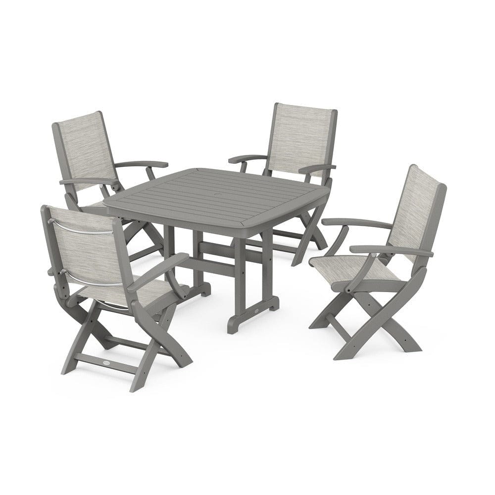 POLYWOOD® Outdoor Furniture Slate Grey / Birch Sling POLYWOOD® - Coastal Folding Chair 5-Piece Dining Set - PWS915