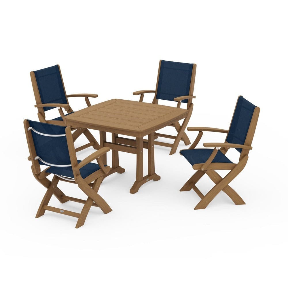 POLYWOOD® Outdoor Furniture POLYWOOD® - Coastal Folding Chair 5-Piece Dining Set with Trestle Legs - PWS967