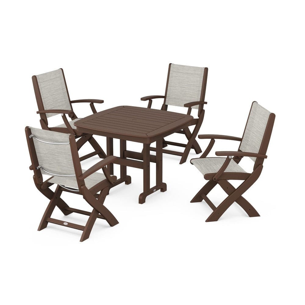 POLYWOOD® Outdoor Furniture Mahogany / Birch Sling POLYWOOD® - Coastal Folding Chair 5-Piece Dining Set - PWS1237