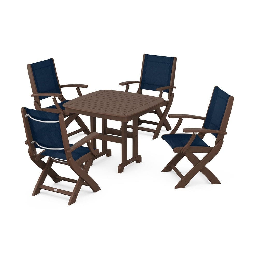 POLYWOOD® Outdoor Furniture Mahogany / Navy Blue Sling POLYWOOD® - Coastal Folding Chair 5-Piece Dining Set - PWS1237