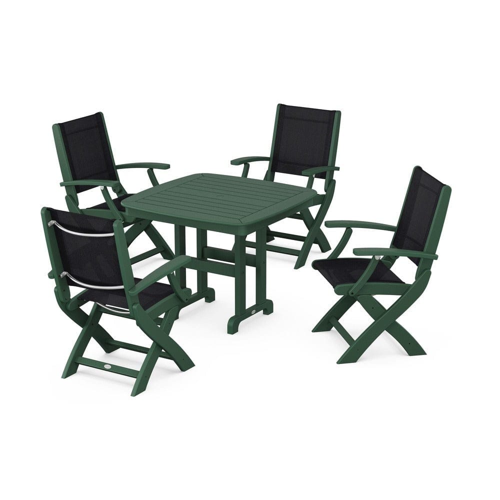 POLYWOOD® Outdoor Furniture Green / Black Sling POLYWOOD® - Coastal Folding Chair 5-Piece Dining Set - PWS1237