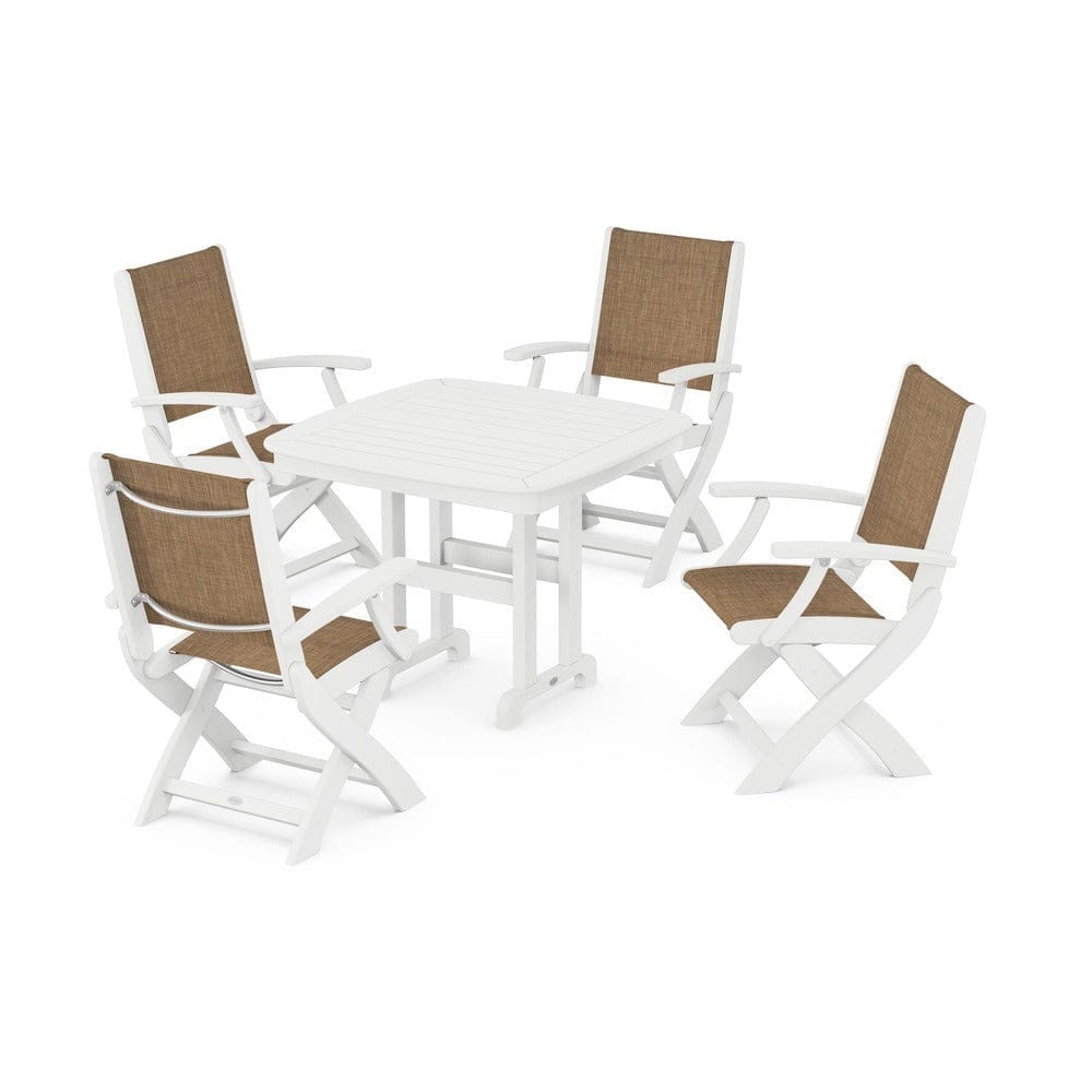 POLYWOOD® Outdoor Furniture White / Burlap Sling POLYWOOD® - Coastal Folding Chair 5-Piece Dining Set - PWS1237