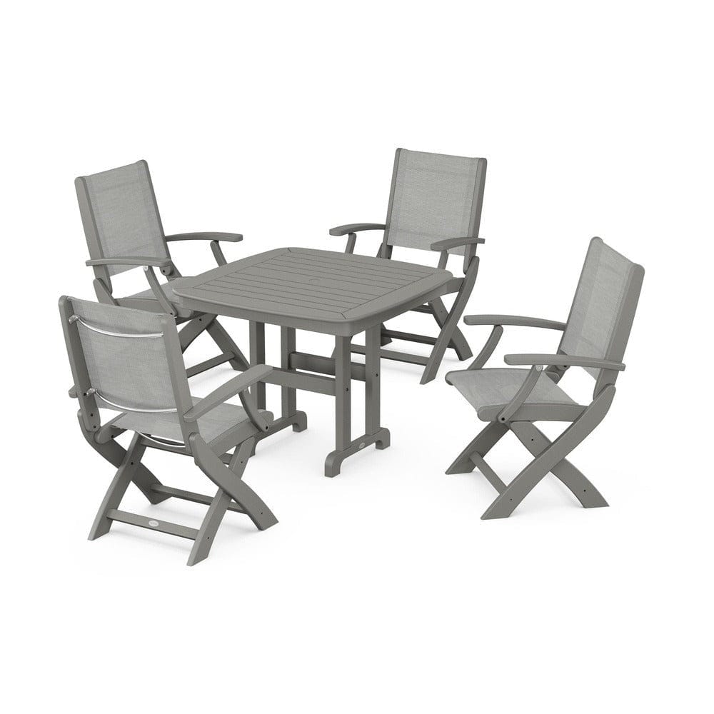 POLYWOOD® Outdoor Furniture Slate Grey / Metallic Sling POLYWOOD® - Coastal Folding Chair 5-Piece Dining Set - PWS1237