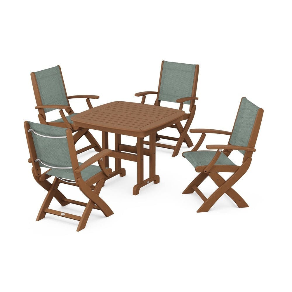 POLYWOOD® Outdoor Furniture Teak / Dupioni Sea Mist Sling POLYWOOD® - Coastal Folding Chair 5-Piece Dining Set - PWS1237