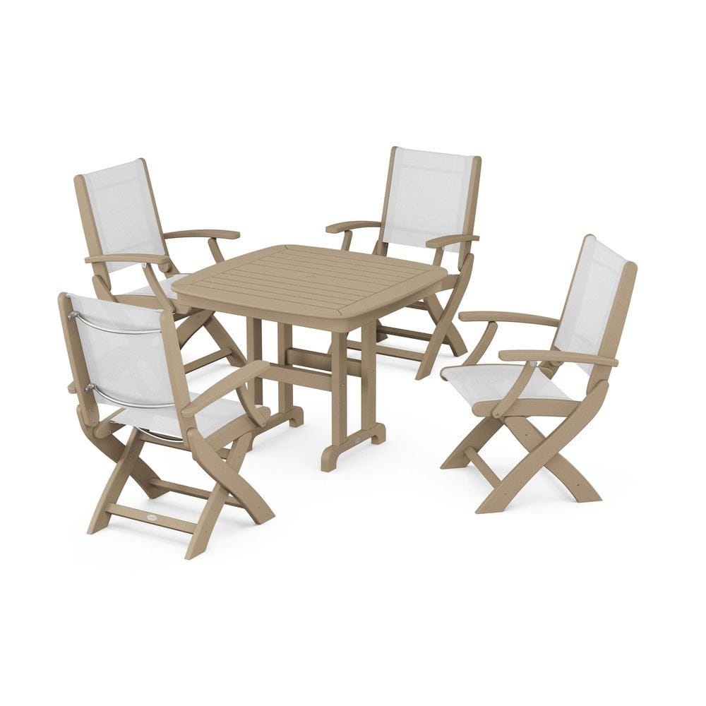 POLYWOOD® Outdoor Furniture Vintage Sahara / White Sling POLYWOOD® - Coastal Folding Chair 5-Piece Dining Set - PWS1237