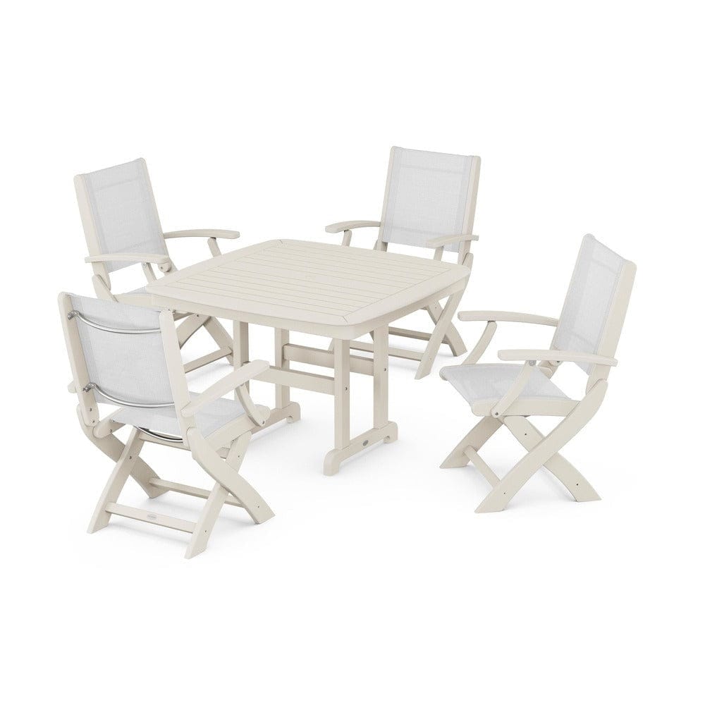 POLYWOOD® Outdoor Furniture Sand / White Sling POLYWOOD® - Coastal Folding Chair 5-Piece Dining Set - PWS915
