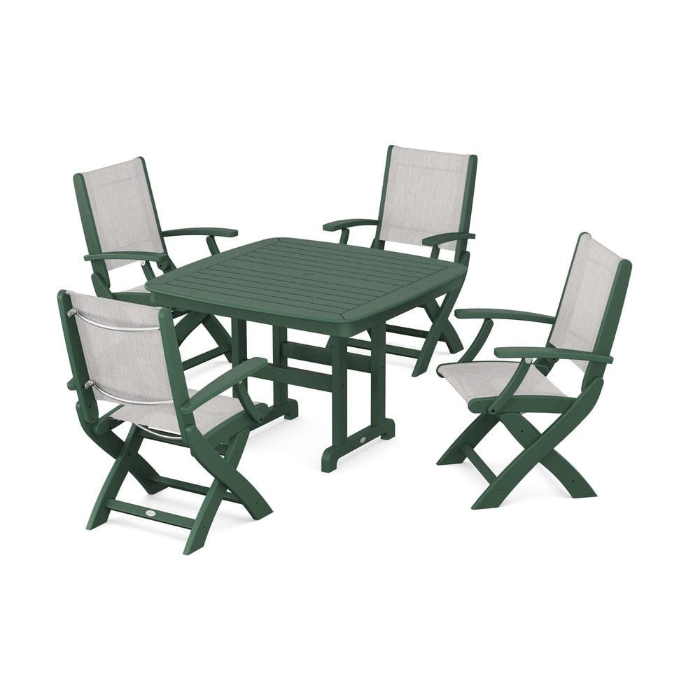 POLYWOOD® Outdoor Furniture Green / Parchment Sling POLYWOOD® - Coastal Folding Chair 5-Piece Dining Set - PWS915
