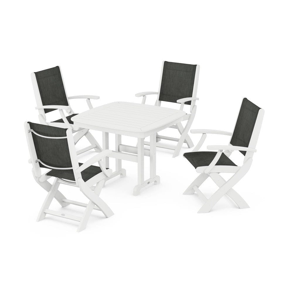 POLYWOOD® Outdoor Furniture White / Ember Sling POLYWOOD® - Coastal Folding Chair 5-Piece Dining Set - PWS1237