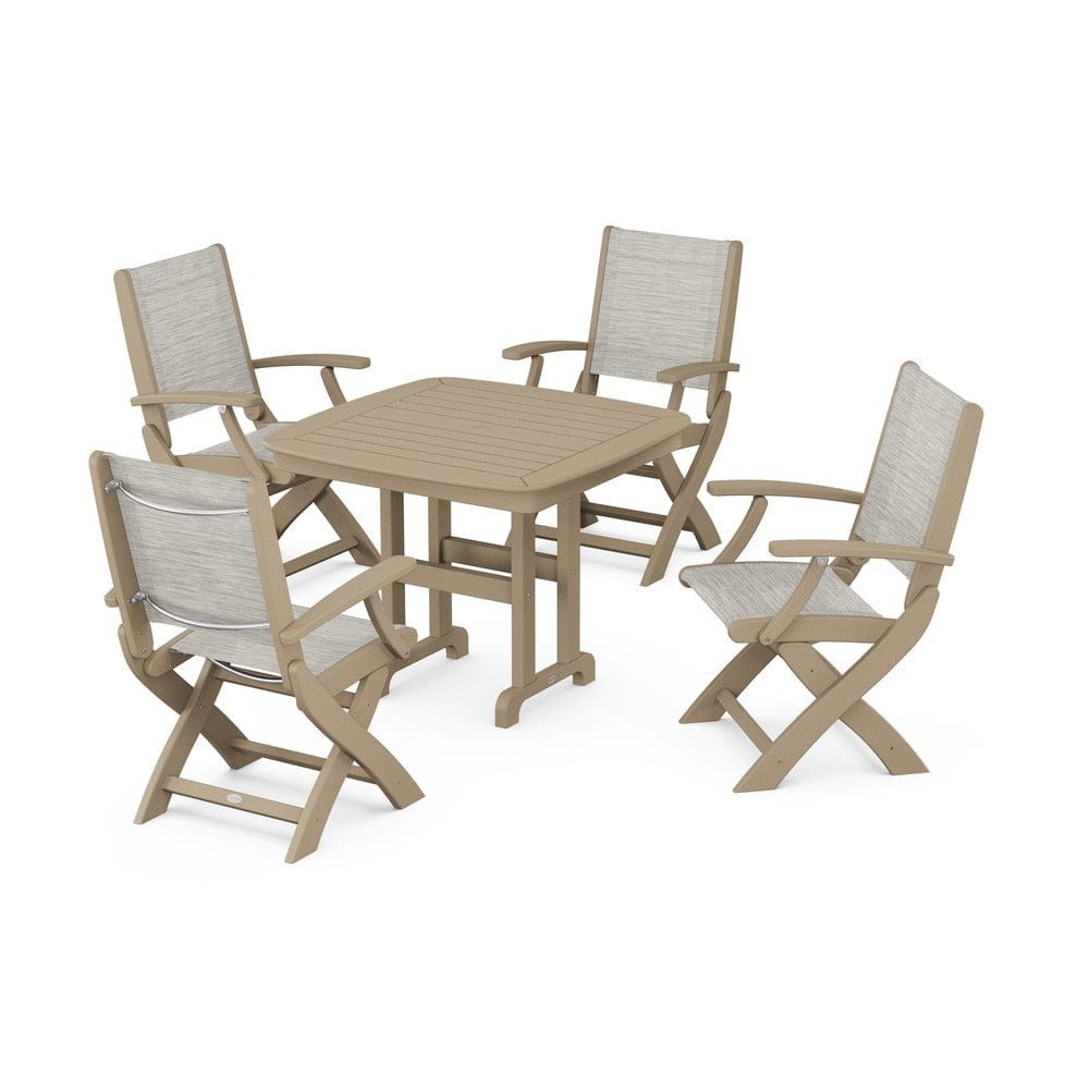 POLYWOOD® Outdoor Furniture Vintage Sahara / Birch Sling POLYWOOD® - Coastal Folding Chair 5-Piece Dining Set - PWS1237