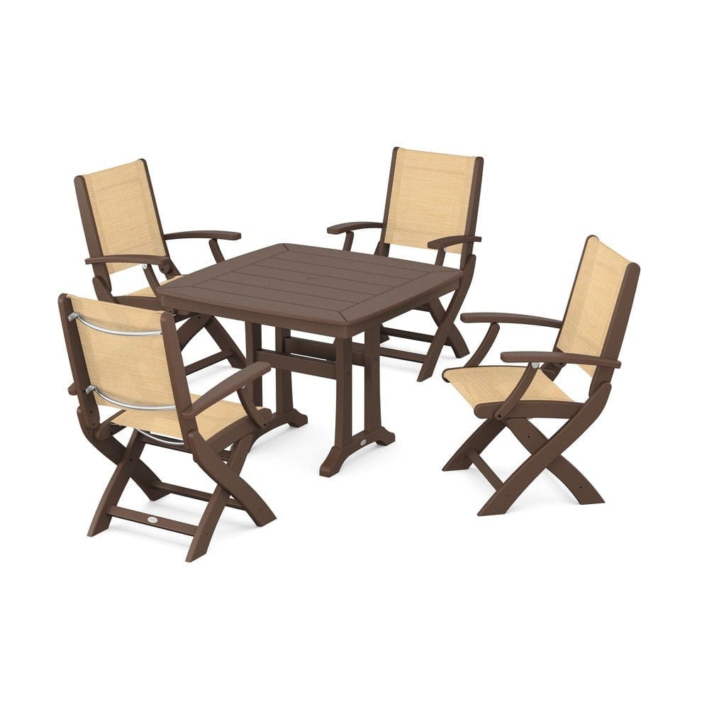 POLYWOOD® Outdoor Furniture Mahogany / Dupioni Apricot Sling POLYWOOD® - Coastal Folding Chair 5-Piece Dining Set with Trestle Legs - PWS967