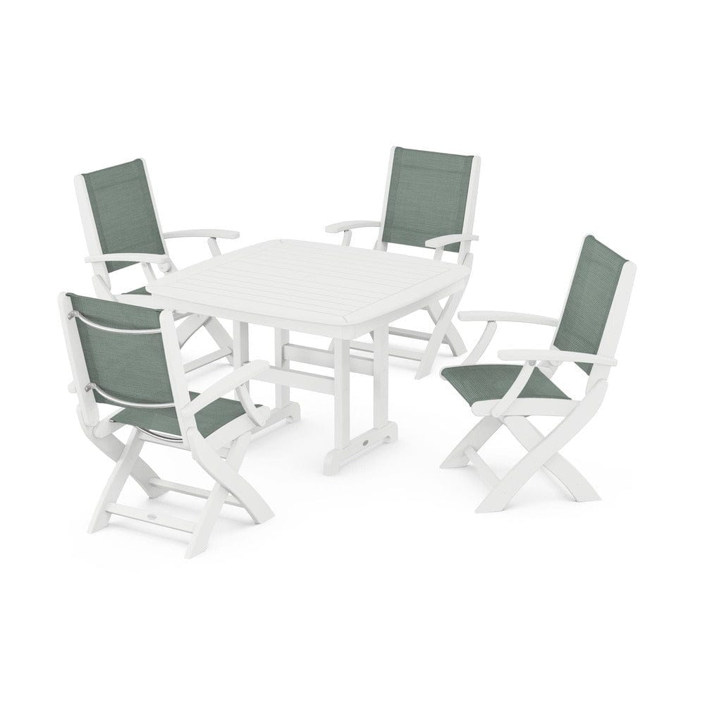 POLYWOOD® Outdoor Furniture White / Dupioni Sea Mist Sling POLYWOOD® - Coastal Folding Chair 5-Piece Dining Set - PWS915