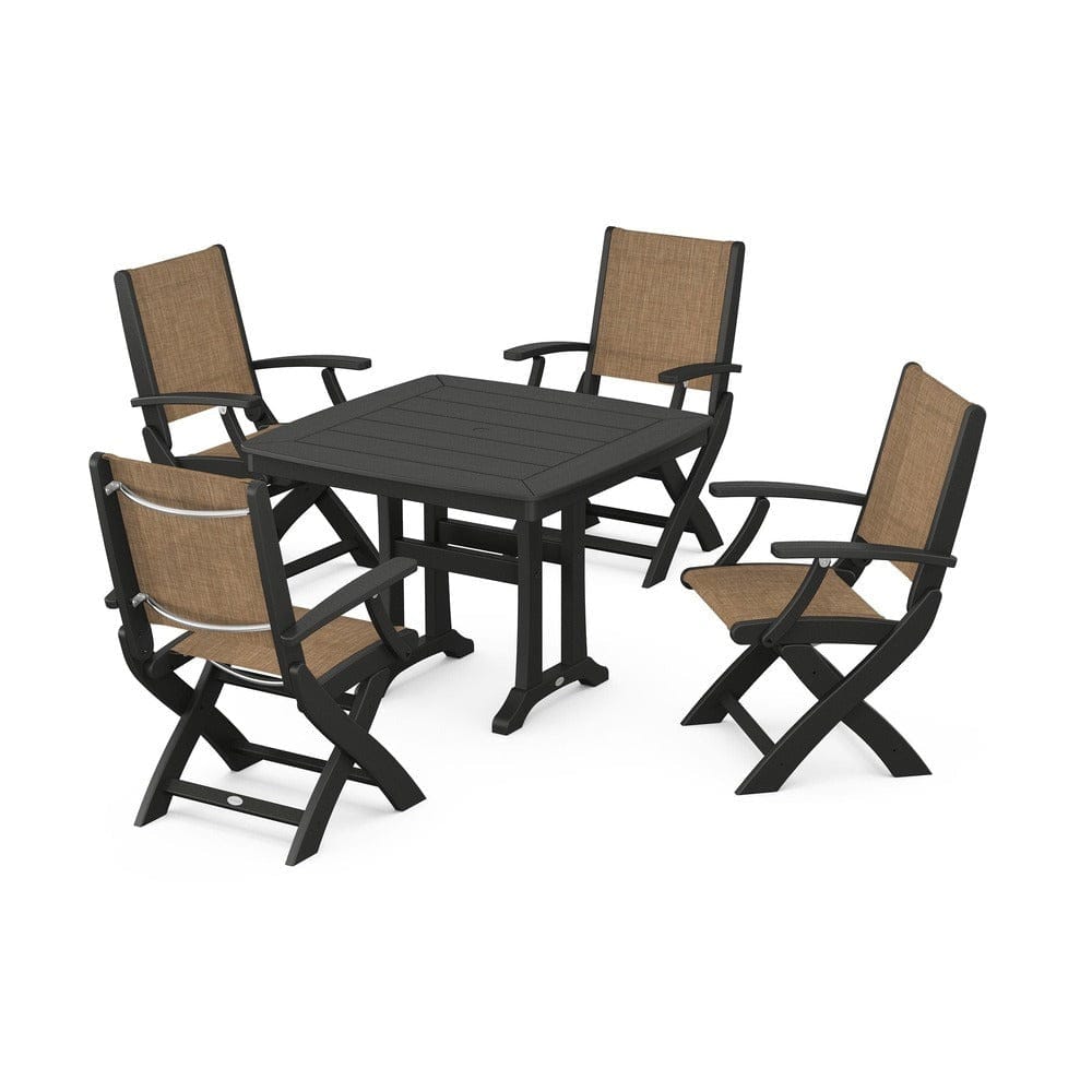 POLYWOOD® Outdoor Furniture Black / Burlap Sling POLYWOOD® - Coastal Folding Chair 5-Piece Dining Set with Trestle Legs - PWS967