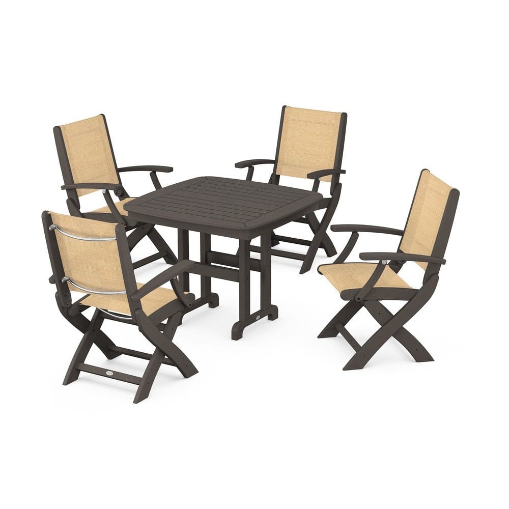 POLYWOOD® Outdoor Furniture Vintage Coffee / Dupioni Apricot Sling POLYWOOD® - Coastal Folding Chair 5-Piece Dining Set - PWS1237