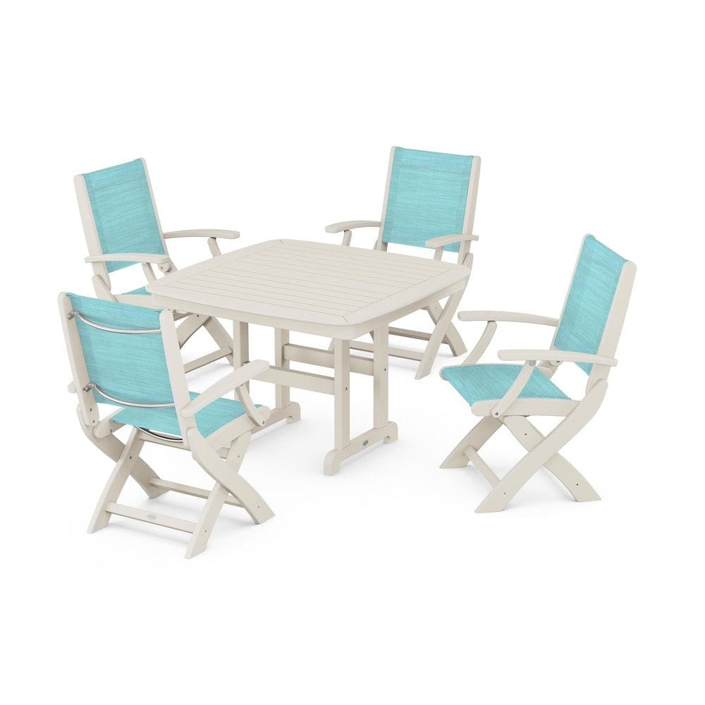 POLYWOOD® Outdoor Furniture Sand / Dupioni Aquamarine Sling POLYWOOD® - Coastal Folding Chair 5-Piece Dining Set - PWS915