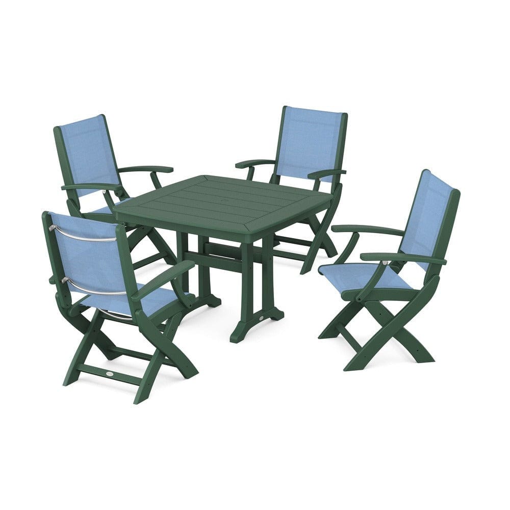 POLYWOOD® Outdoor Furniture Green / Poolside Sling POLYWOOD® - Coastal Folding Chair 5-Piece Dining Set with Trestle Legs - PWS967