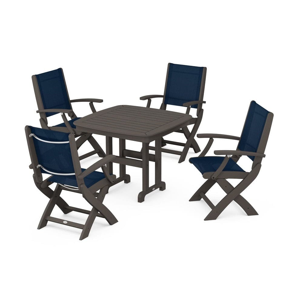 POLYWOOD® Outdoor Furniture Vintage Coffee / Navy Blue Sling POLYWOOD® - Coastal Folding Chair 5-Piece Dining Set - PWS1237
