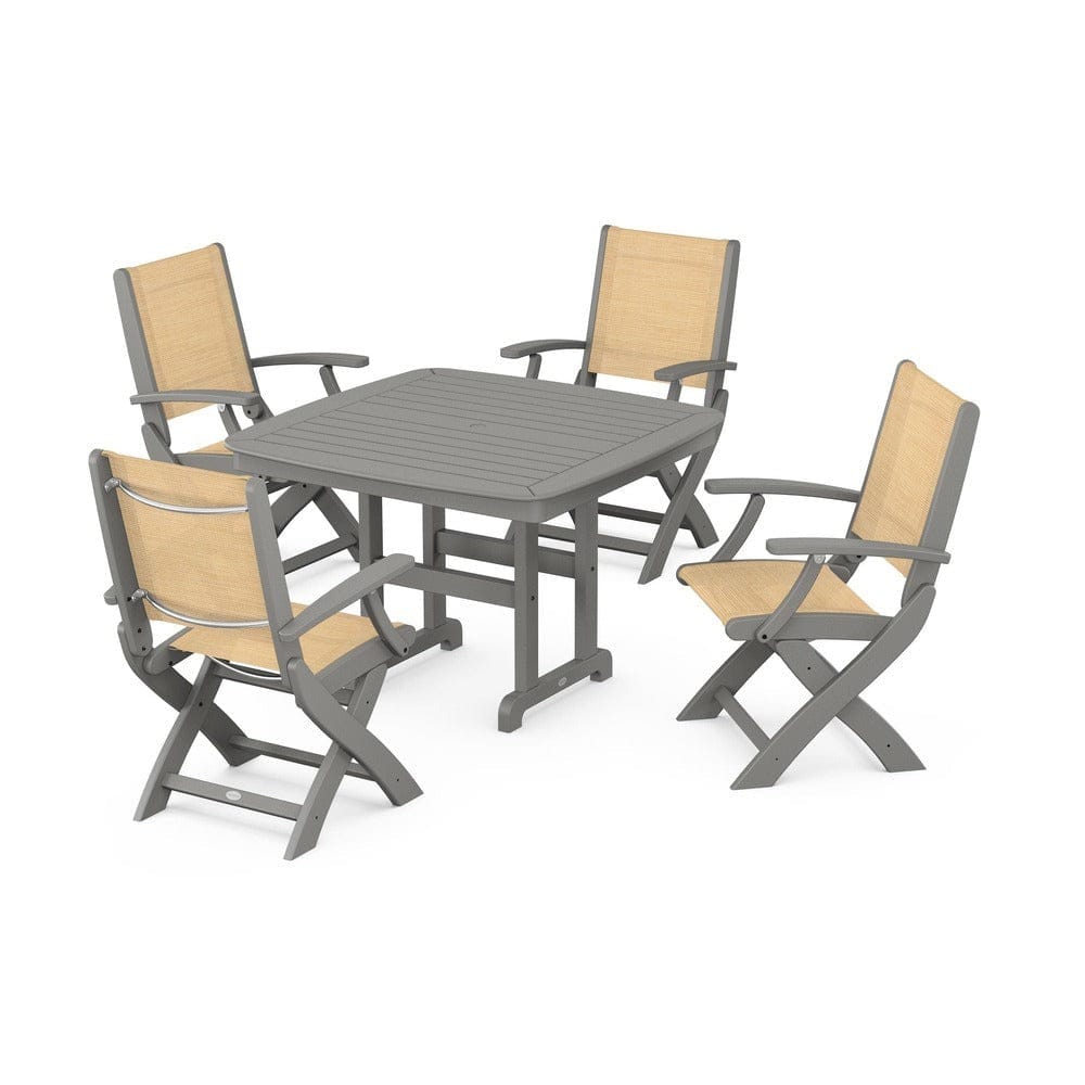 POLYWOOD® Outdoor Furniture Slate Grey / Dupioni Apricot Sling POLYWOOD® - Coastal Folding Chair 5-Piece Dining Set - PWS915