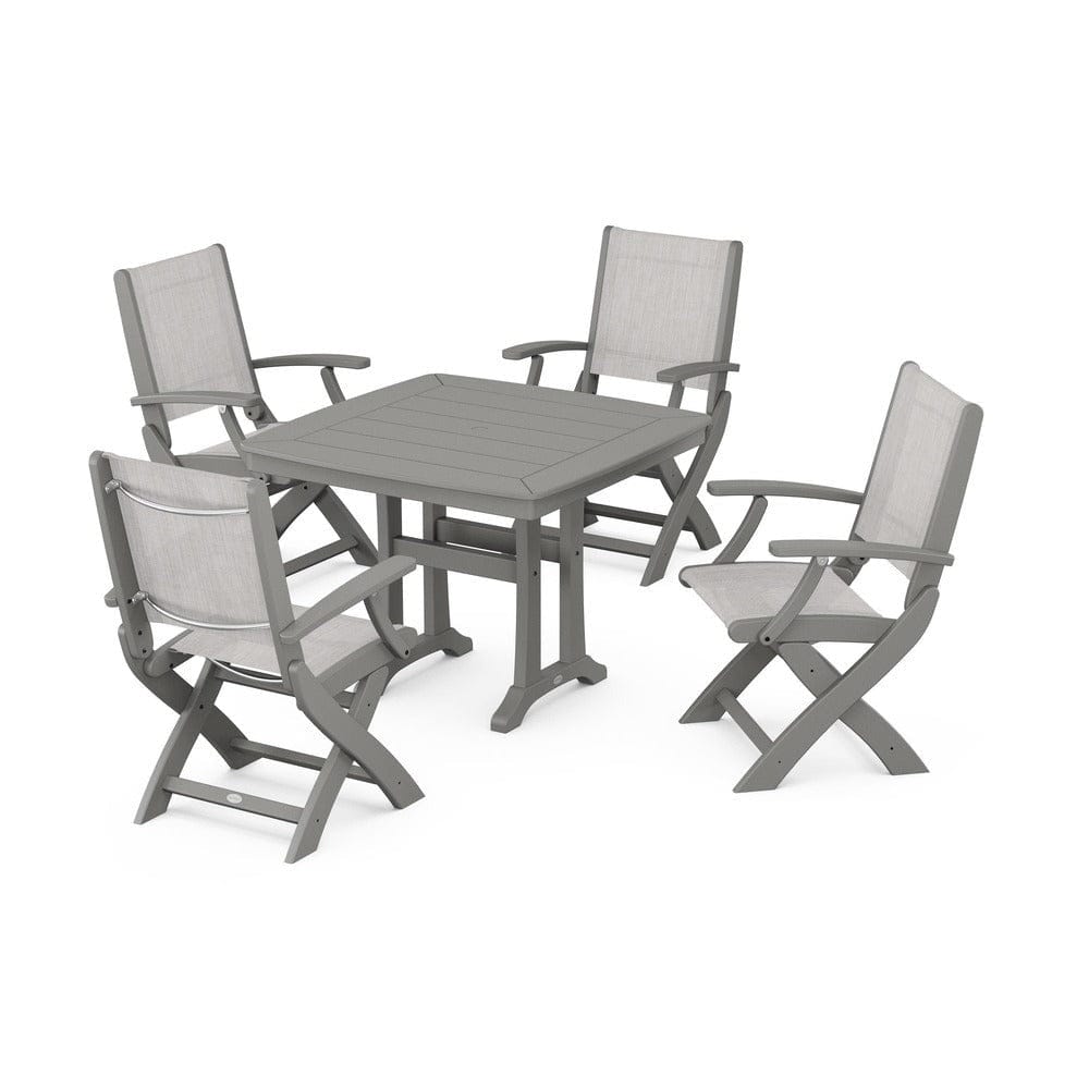 POLYWOOD® Outdoor Furniture Slate Grey / Parchment Sling POLYWOOD® - Coastal Folding Chair 5-Piece Dining Set with Trestle Legs - PWS967