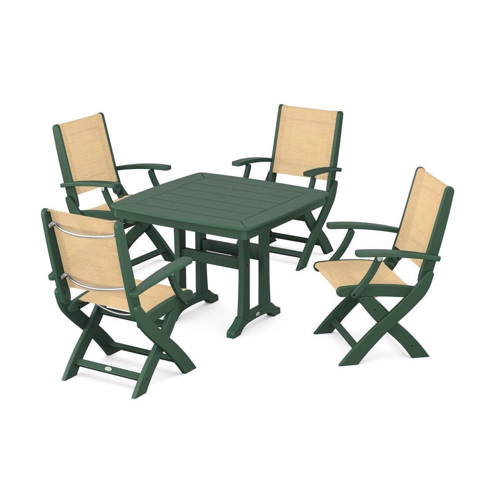 POLYWOOD® Outdoor Furniture Green / Dupioni Apricot Sling POLYWOOD® - Coastal Folding Chair 5-Piece Dining Set with Trestle Legs - PWS967