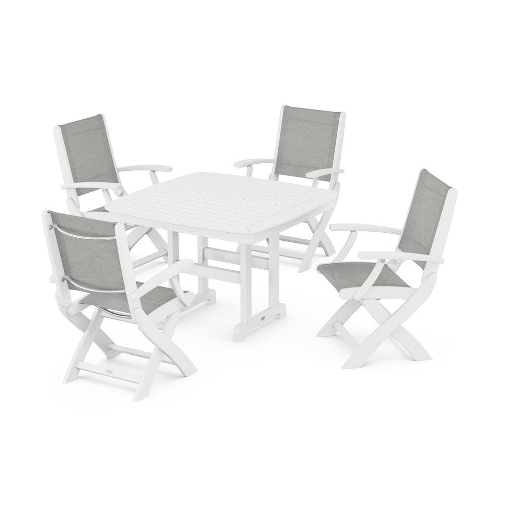 POLYWOOD® Outdoor Furniture White / Metallic Sling POLYWOOD® - Coastal Folding Chair 5-Piece Dining Set - PWS915